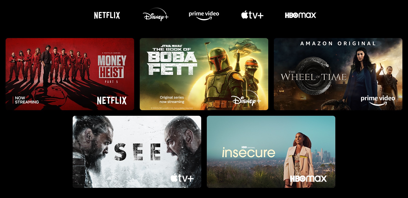 Poster cu filmul Fabrica de bani de la Netflix, Cartea lui Boba Fett de la Disney Plus, Roata timpului de la Prime Video, vizionai continut de la Apple TV Plus si Insecure de la HBO Max